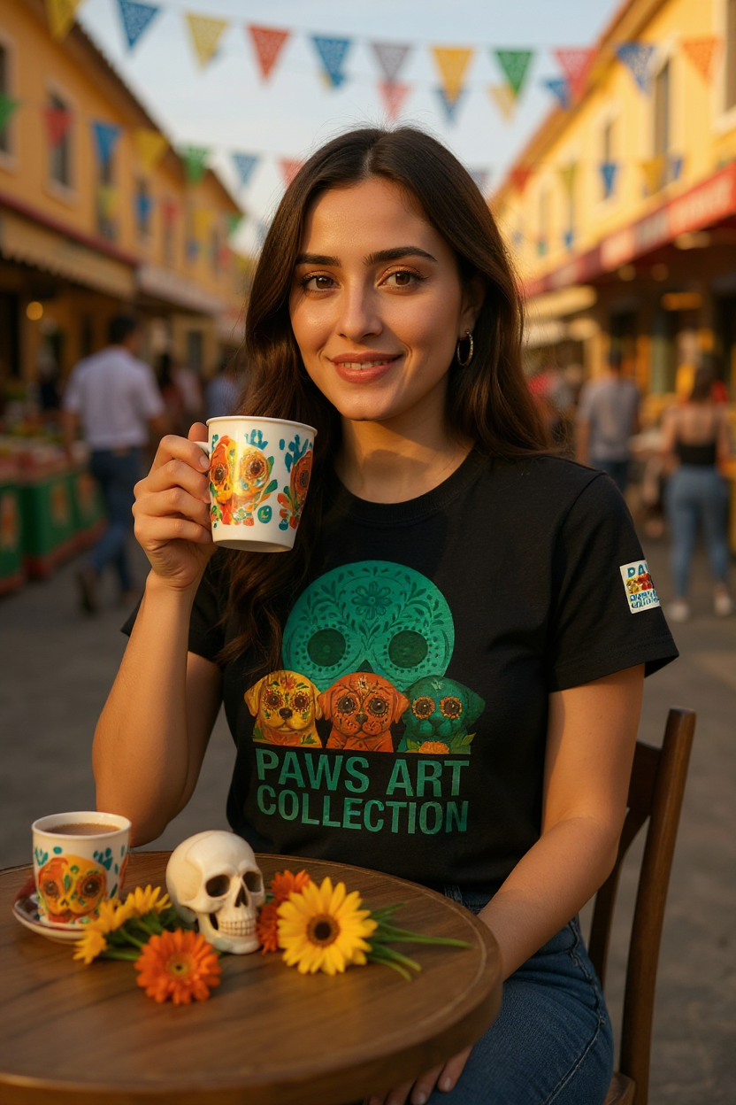 T-Shirt: PAWS Art Collection(Dia de los Muertos Edition Teal Skull)
